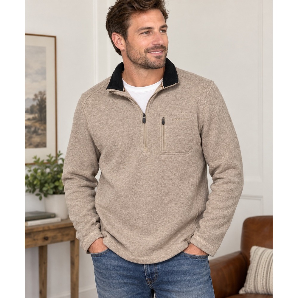 Woolrich Men's XL Beige Quarter Zip Sweater Fleece Pullover Chest Pocket EUC